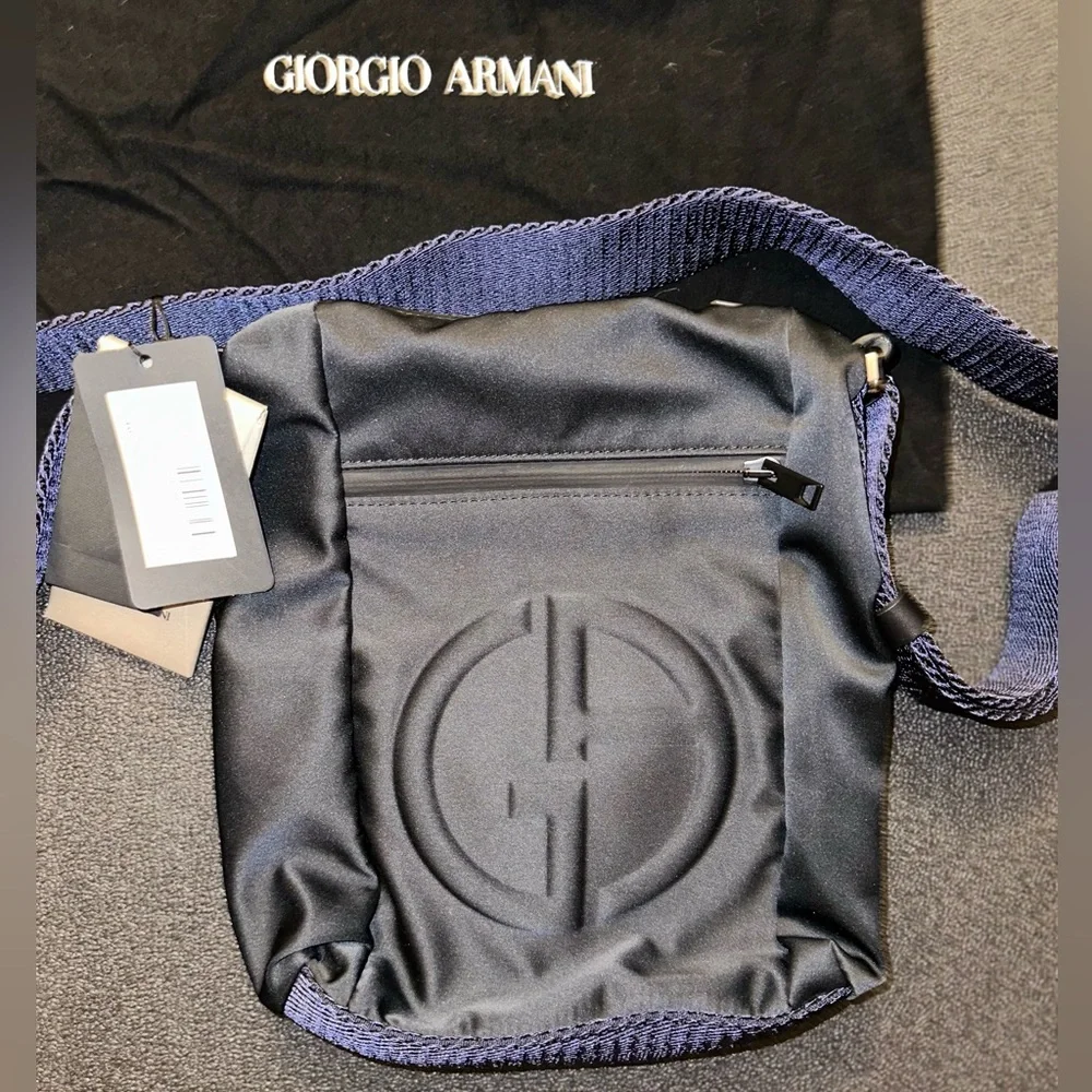 Authentic Giorgio Armani Black Embossed Logo Messenger Bag